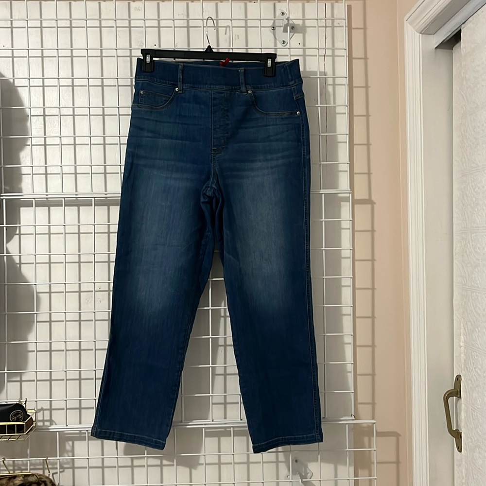 Spanx 1x dark wash, pull on, straight leg, ankle length denim